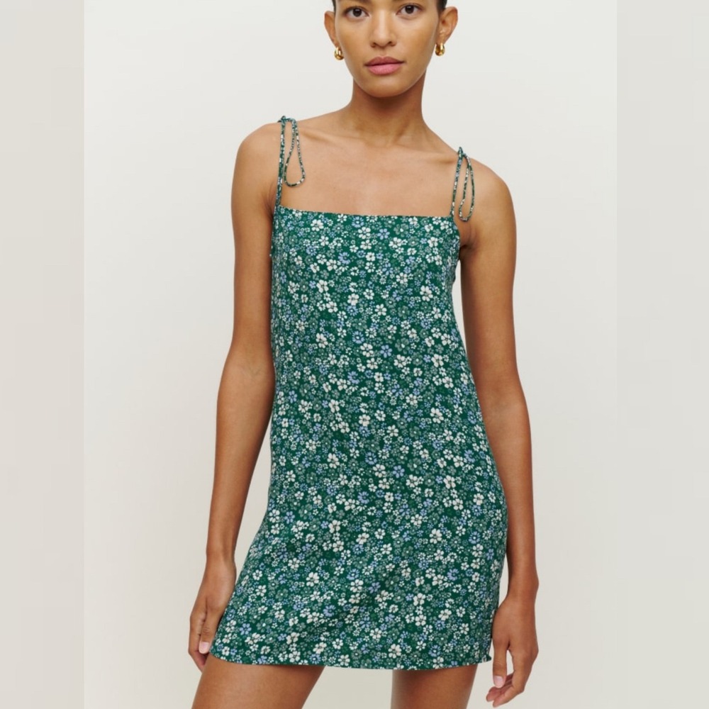 Reformation Agean Green Floral Mini Dress Womens‎ Size 8 Tie Shoulder Romantic